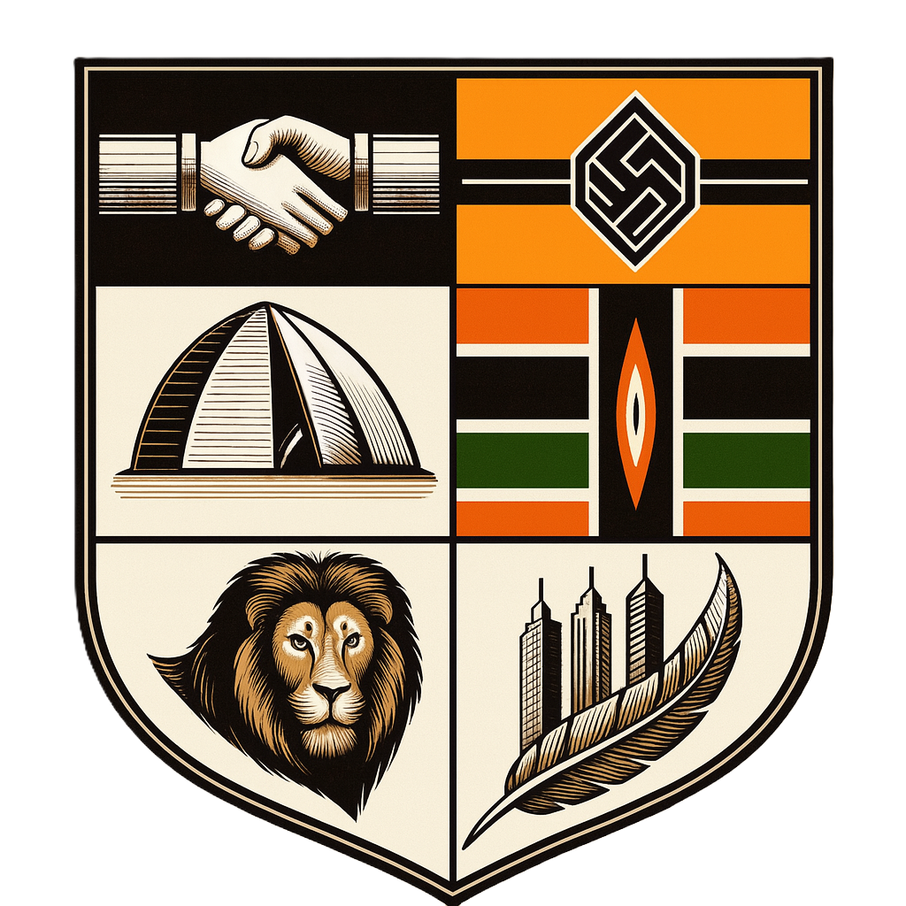 The shield of the House of De Bellotte: clasped hands, a pharaonic knot, a dwelling and balance, the Kenyan colours, a lion, and a city above a feather